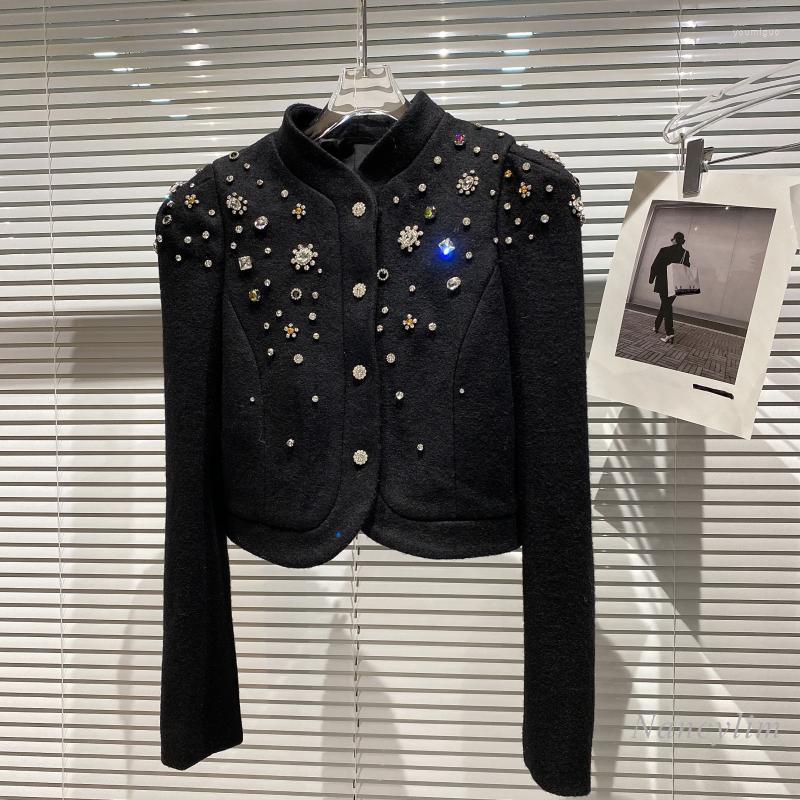 

Women' Jackets Black Woolen Coat Women 2022 Autumn And Winter Rhinestone Beaded Padded Shoulder Stand Collar Short Jacket For