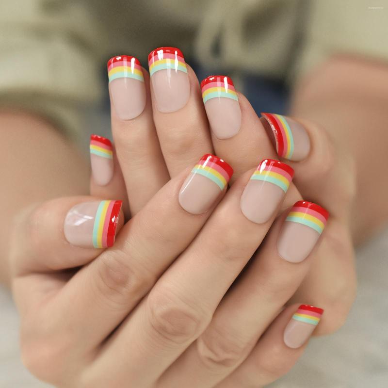 

False Nails Glossy Nude Rainbow Press On Short Squoval Daily Salon DIY Reusable Fake Acrylic Nail Art Tips For Women Girls, L5797