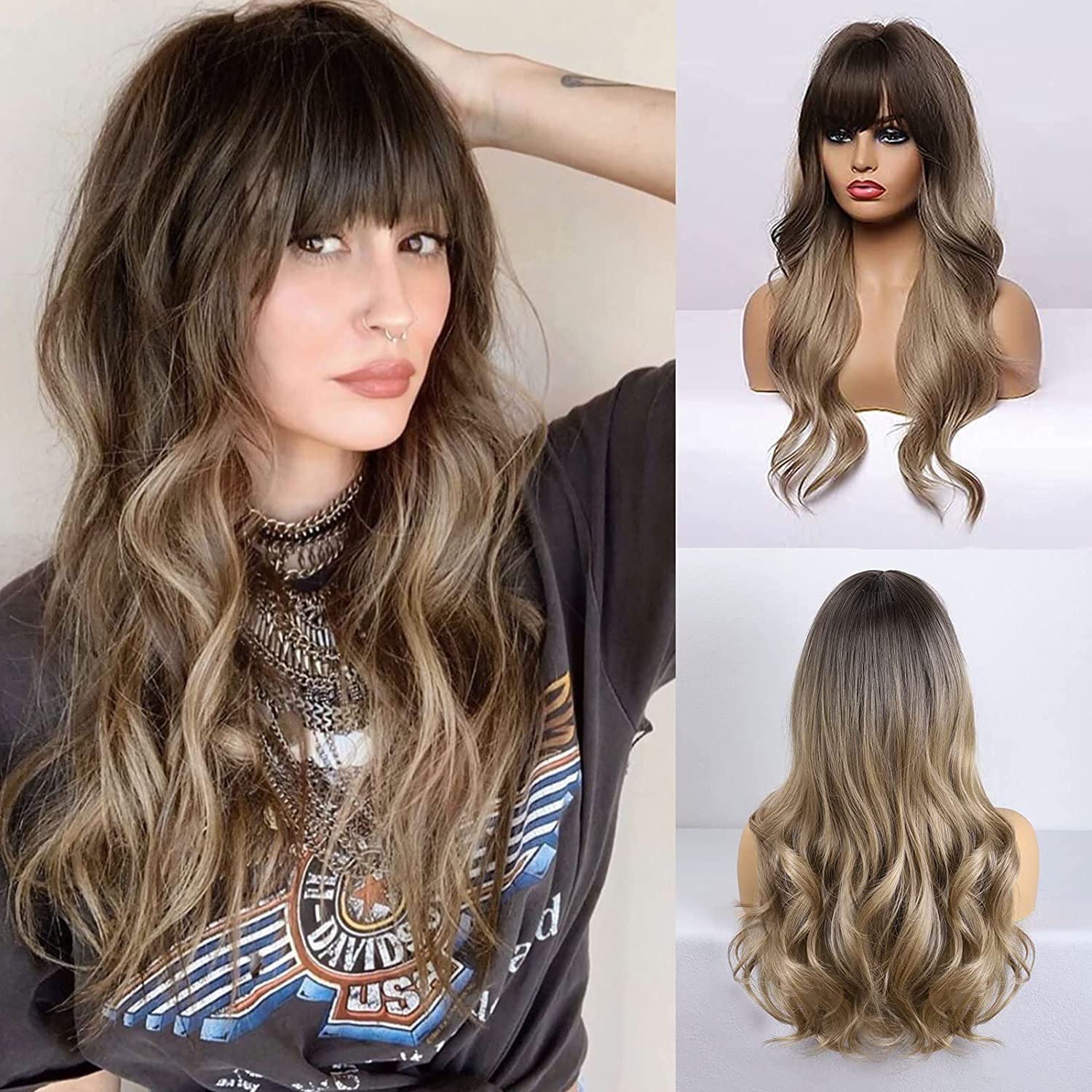 

Dirty blonde wig with Bangs Ombre Women Synthetic Wavy Heat Resistant curly long hair for Daily Party