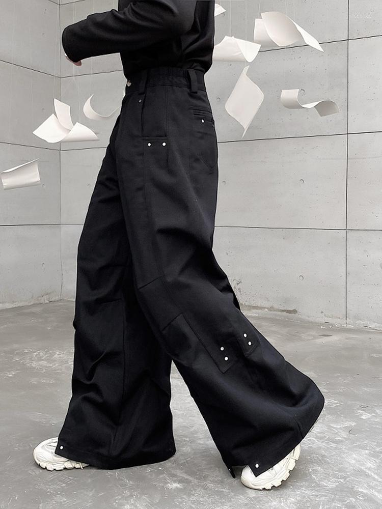 

Men's Pants Pleats Darkwear Men Loose Wide Leg Trousers Trend 2023 Solid Color Autumn Fashion Pocket Male Japanese 2A6752, Black