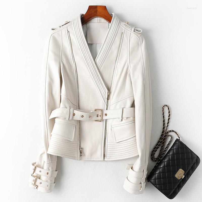 

Women's Leather Coat Sheepskin Natural Women Genuine Jacket Streetwear Moto Biker Womens Fur White Coats Jackets LWHN-0783, Black