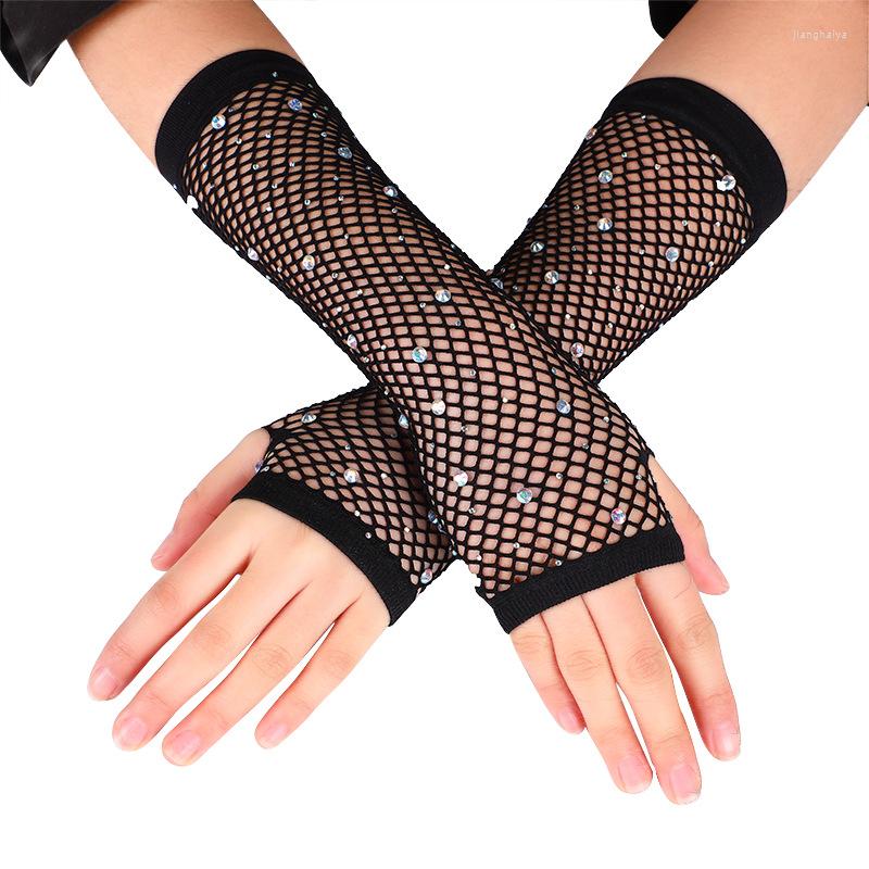 

Knee Pads 1 Pairs Diamond Mesh Gloves Breathable Hollow Fishnet Fingerless Mittens Stretch Rhinestones Mid-length Arm Warmers