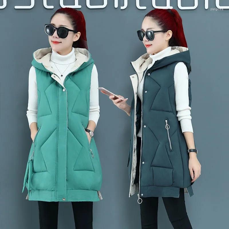 

Women' Vests Nice Winter Jacket Women Vest Sleeveless Waistcoat Female Long Coat Hooded Cotton Padded Warm Lady Outwear, Creamy-white