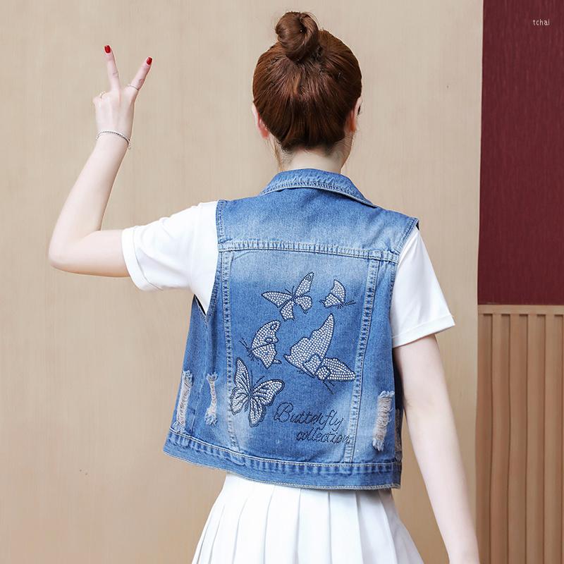 

Women' Vests #3331 Spring Summer Women' Vest Waistcoat Holes Denim Women Diamonds Butterfly Short Female Single Sleeveless Jacket, Blue