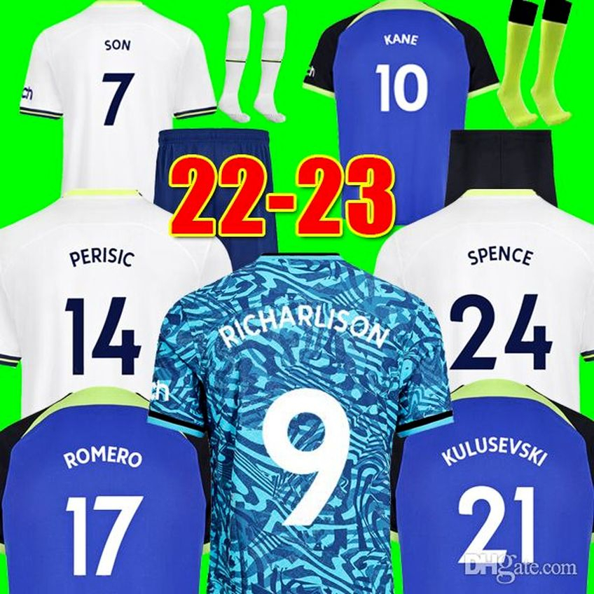 

KANE SON 22 23 RICHARLISON Soccer Jersey KULUSEVSKI HOJBJERG SPENCE PERISIC DIER 2022 2023 LUCAS ROMERO Tottenh 1104am Football kit shirt tops Men kids sets saug18, 22-23 away patch