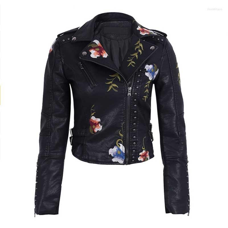 

Women' Leather Trendy Spring Autumn Flowers Embroidery Pu Jacket Women Turn-down Collar Rivet Zipper Black Biker Coats Tops Clothes