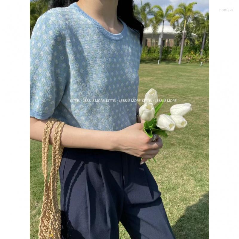 

Women's Polos Thin Short Sleeve Floral Knit Sweater Top Women's, Blue
