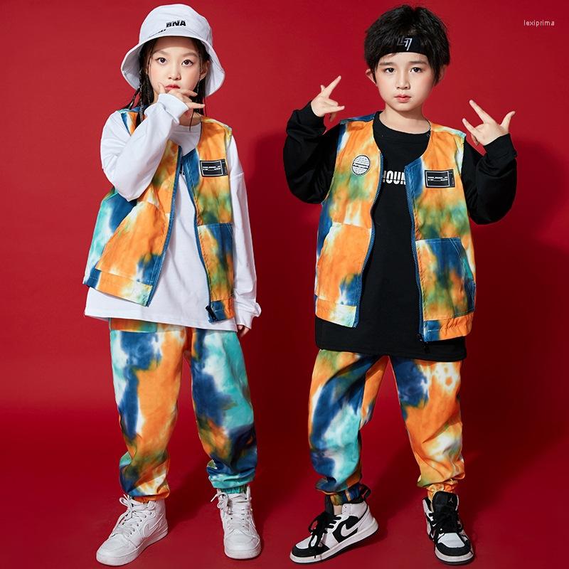 

Stage Wear Kid Kpop Hip Hop Clothing Tie Dye Sleeveless Jacket Sweatshirt Top Streetwear Jogger Harajuku Pants For Girl Boy Dance Costume, White sweatshirt