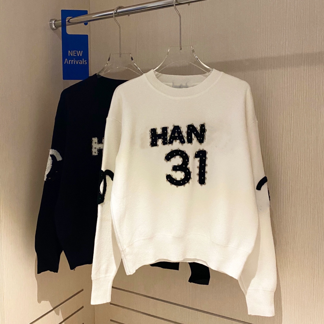 

Women's Luxury Brand Crew Neck Sweater Famous High Quality Letter Embroidered Pullover Original Design White Long Sleeves, Black