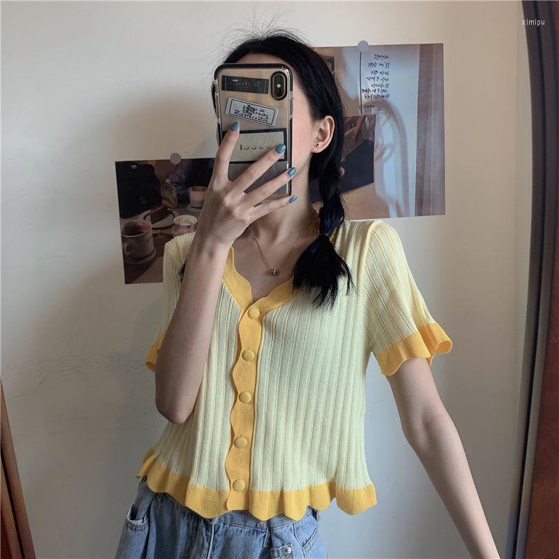 

Women's T Shirts Woman TShirts Summer V-neck Cardigan Top Short-Sleeved Sweater For Women Crop Mujer Camisetas, 9387 purple