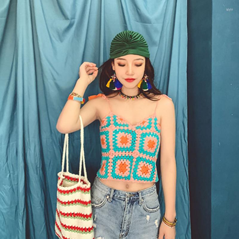 

Women's Tanks Bohemian Hollowed-Out Girl Japanese-Style Patchwork-Back Knit Halter Top Women Crocheting Summer Resort Bikini, Pink