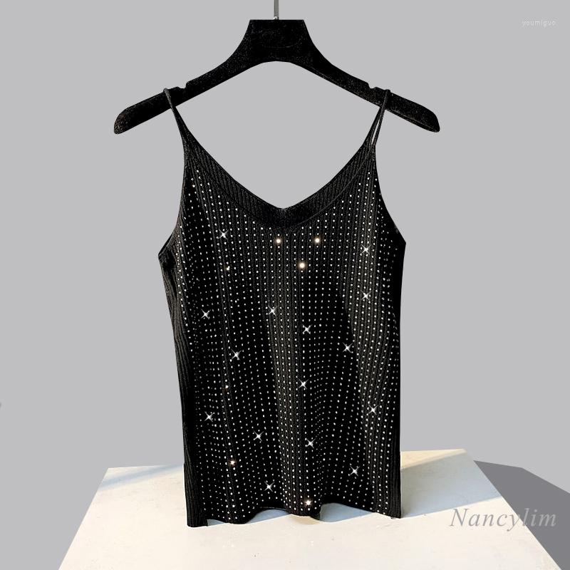 

Women's Tanks Drilling Sexy Sling Basic Bottoming Shirt For Woman Sleeveless Outer Wear Slim Short Knitted Rhinestone Camisole Tank Top, Black