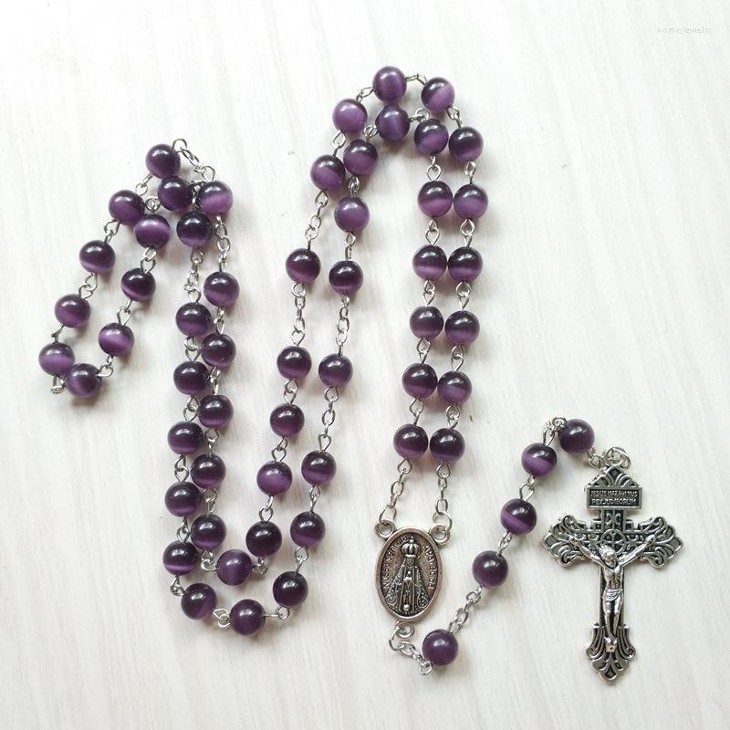 

Pendant Necklaces Diyalo Purple Opal Natural Stone Beads Chain Prayer Chaplet Crucifix Cross Rosary Necklace Religious Church Jewelry Gift