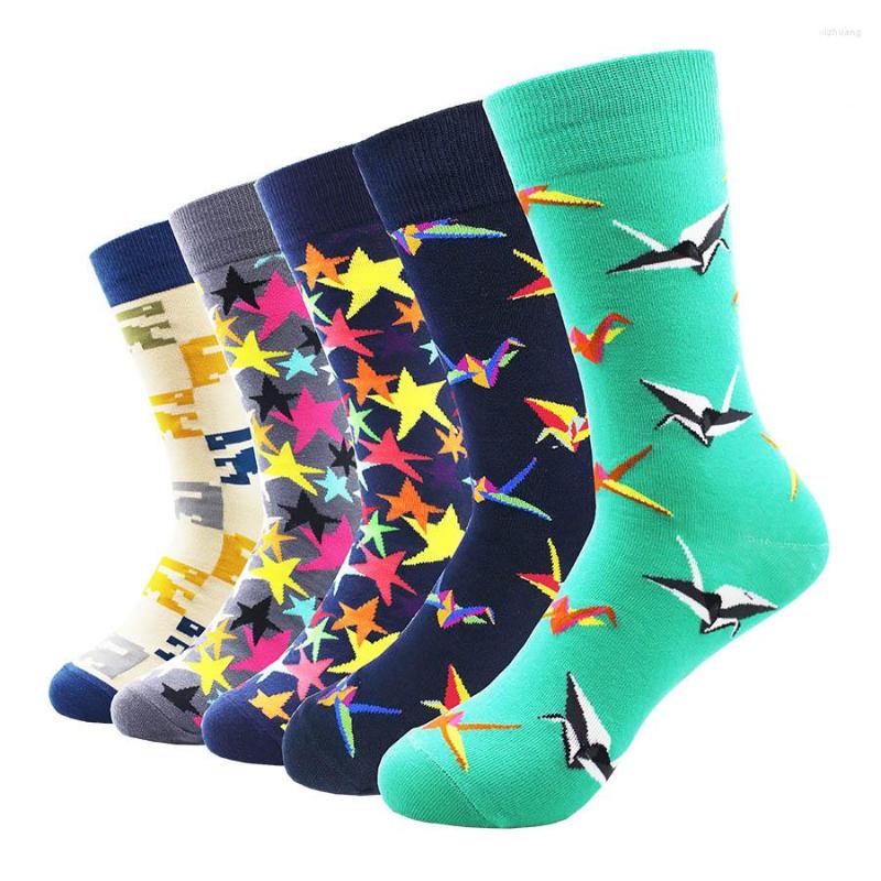 

Men's Socks 5 Pairs/Lot Fashion Cotton Mens Harajuku Stars Origami Pattern Long Tube Colorful Happy Size 39-45, Zh051