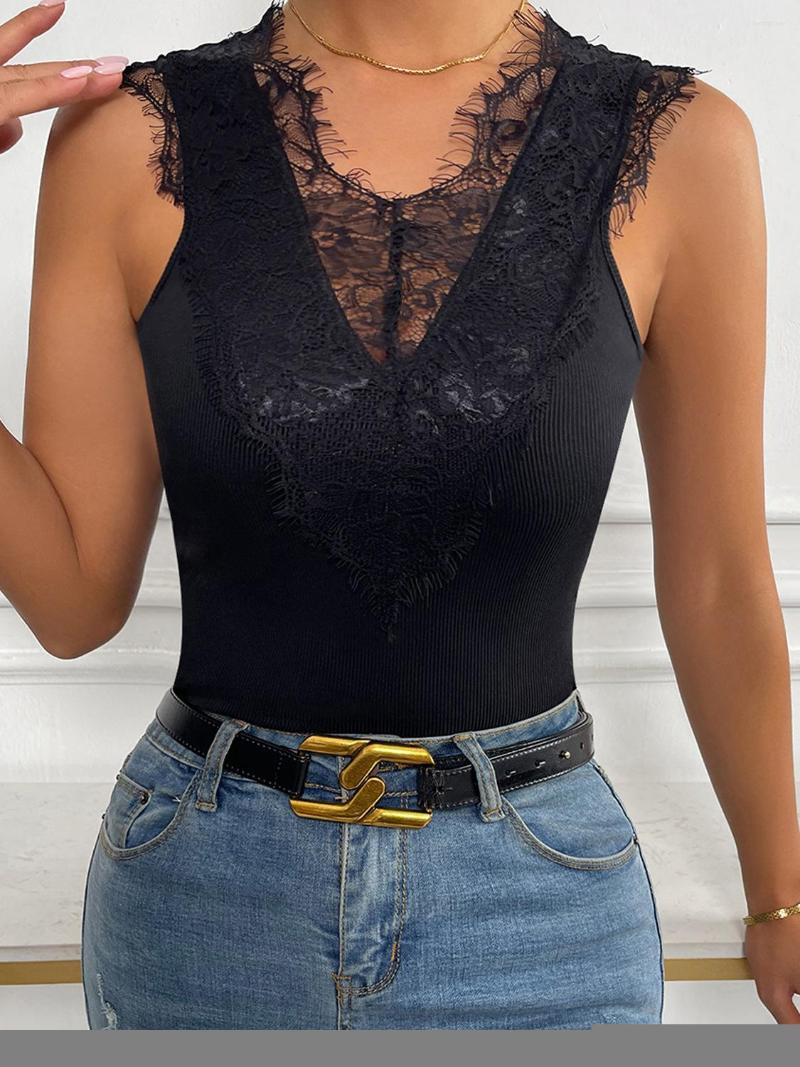 

Women' T Shirts DGIRL Spring Summer Top 2022 Solid T-shirt Lace V-neck Sleeveless, Black