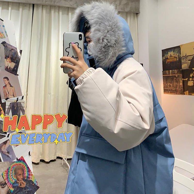 

Men' Down Winter Hooded Parkas For Men Women Contrasting Color Cotton Jacket Loose Trend All-match Preppy Coat Oversize Aesthetic Chic, Black