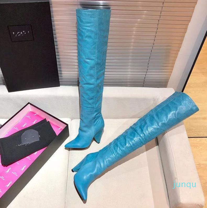 

2022 designer women creasing pointed knee-high boots sexy black white pink Sky blue leather Boots Autumn winter Thick heel serpentine pattern Shoes size 35-, Red