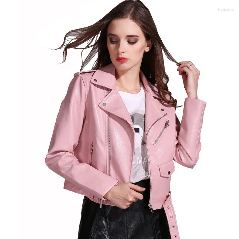 

Women' Leather Trendy Autumn Winter Women Faux Jackets Lady PU Bomber Motorcycle Outerwear Slim Short Punk Coat With Belt Black Pink