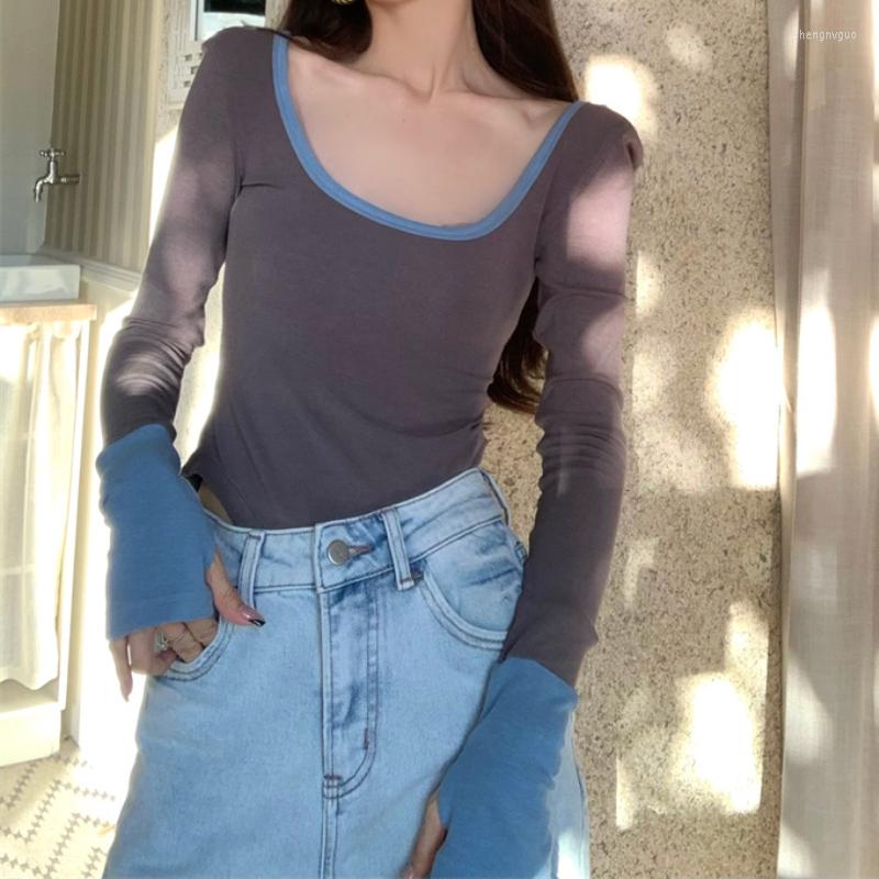 

Women's T Shirts 2022 Autumn For Women Crop Tops Korean Style Retro Screw Thread Patchwork T-Shirt Knitting Long-sleeved Elastic Tee Shirt, Gray