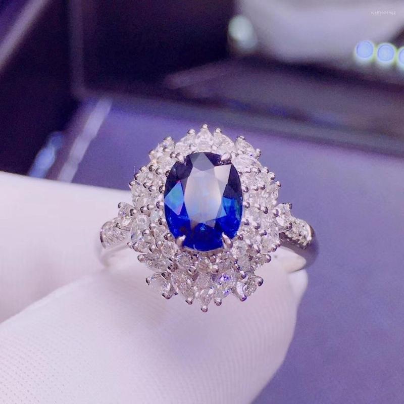 

Cluster Rings H530 Blue Sapphire Ring 1.65ct Real Pure 18 K Natural Unheat Royal Gemstone Diamonds Stone Female