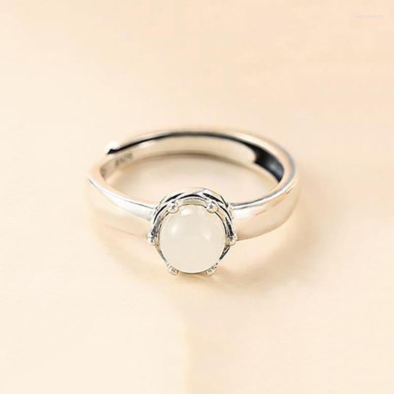 

Cluster Rings Creative Silver Retro Crown Hetian Chalcedony Round Shape Jewelry Men And Women Couples Open Adjustable Ring