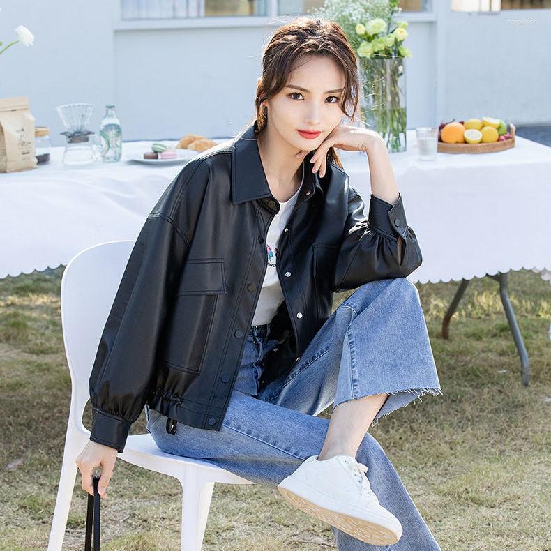 

Women' Leather Spring Autumn Women' Short Biker Moto Coat Soft Faux Jacket Women Korean Fashion Long Sleeve Outwear Streetwear X628, Black