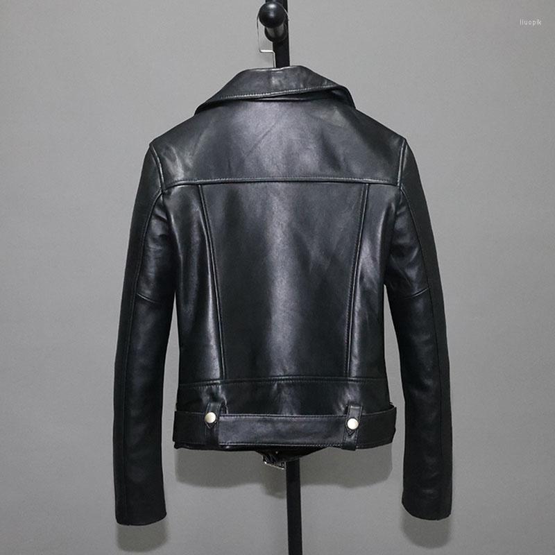 

Women's Leather Spring High-End Design 2023 Lapel Oblique Zipper Genuine Jacket Sashes Coat Women Sheepskin Motorcycle Overcoat Outwear, Black