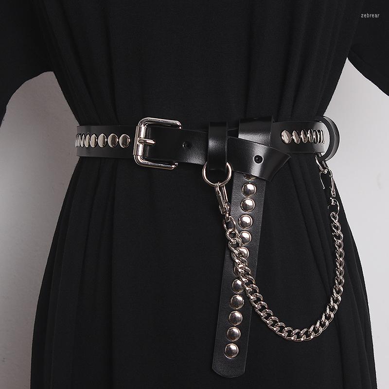 

Belts Brand Design Black Cow Leather Rivet Belt Women Men Punk Jeans Waist With Chain Street Hip Hop Cowhide Strap