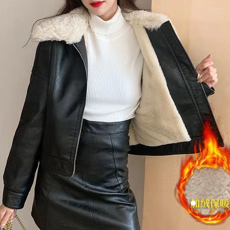 

Women's Leather 2022 Women Autumn Winter Parka PU Motorcycle Jacket Thickened Large Fur Collar Korean Style Loose Fashion Cool, Black