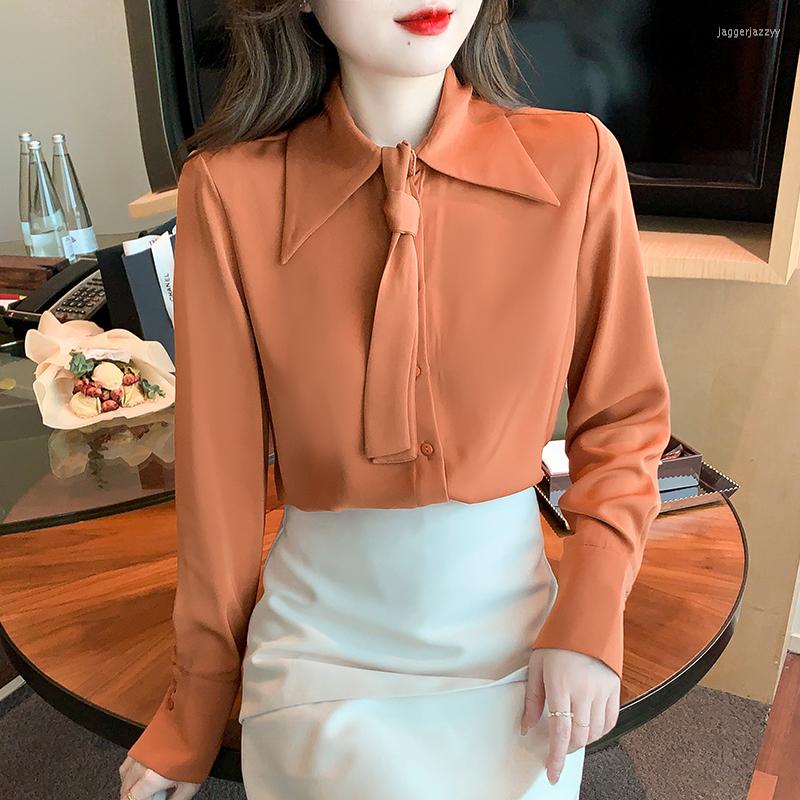 

Women' Polos 2022 Spring And Autumn Design Sense High-End Temperament Lapel Tie Long Sleeve Top Fashion Elegant Simple Avant-Garde Shirt, Picture color