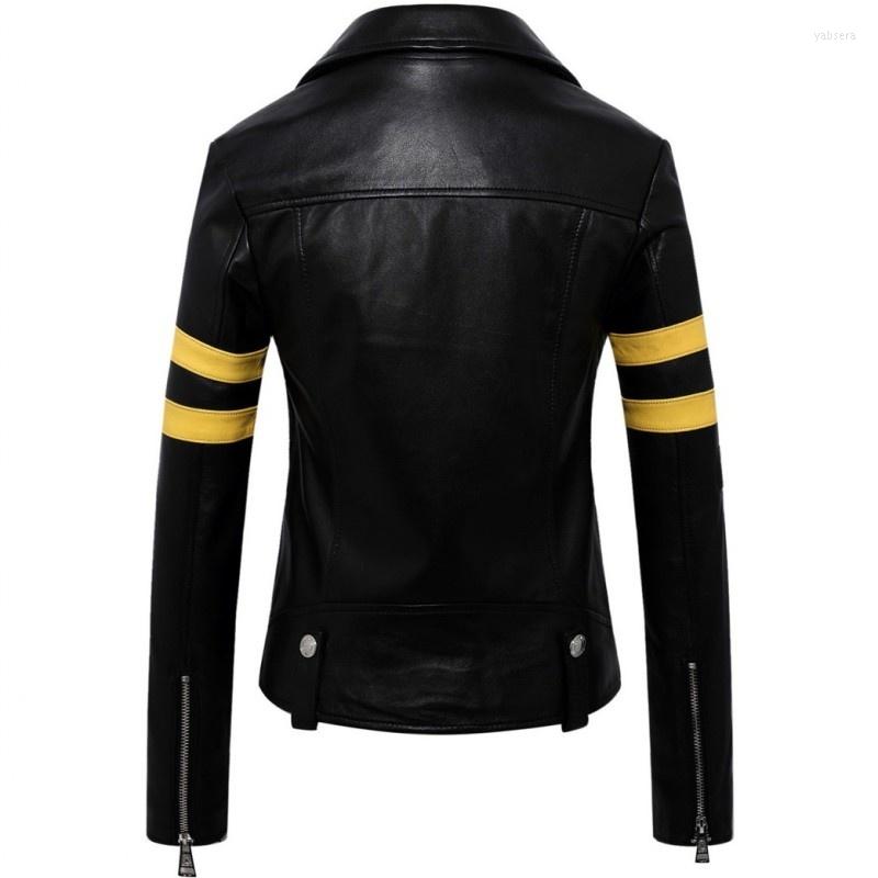 

Women's Leather Spring 2022 Sheepskin Real Jacket Women Luxury Slim Fit Motorcycle Biker Short Coat Fashion Office Lady Outerwear, Black