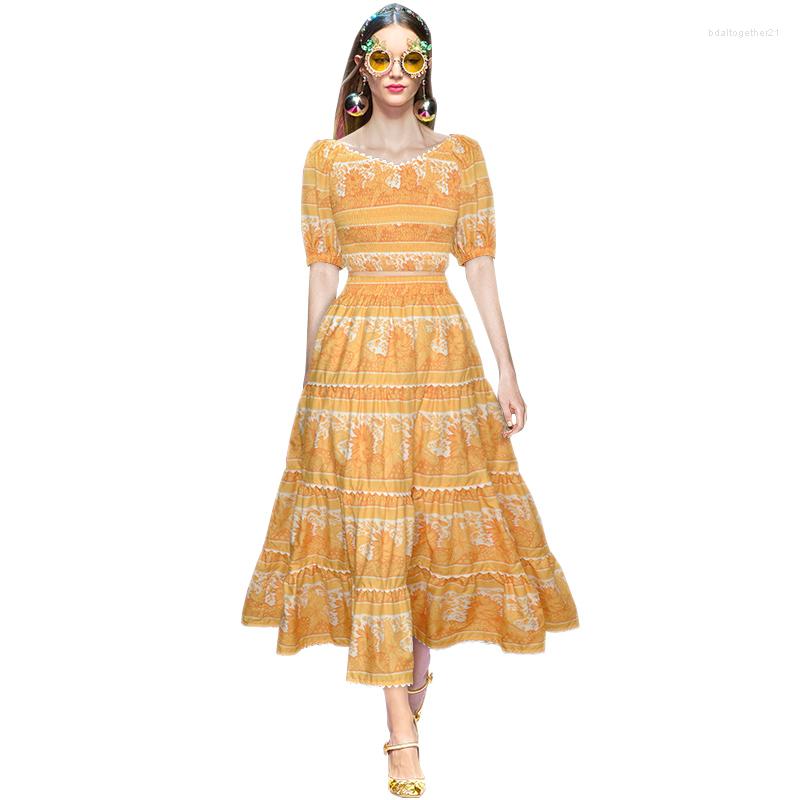 

Work Dresses Designer Brand Fashion Women Clothing Two Pieces Set V-Neck Short Sleeved Smocking Elastic Crop Top Blouses Long Maxi Skirt, Yellow