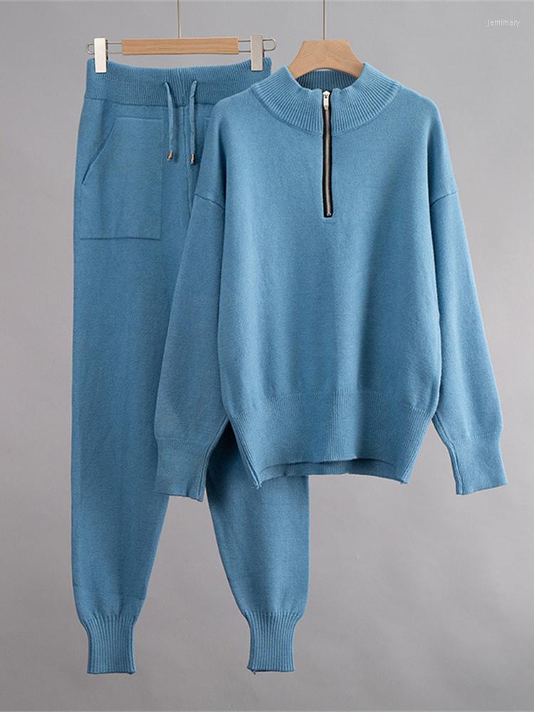 

Women's Two Piece Pants Women's Autumn Winter Crewneck Zipper Loose Sweater Harlan Suit Pullover Two-Piece Set, Black