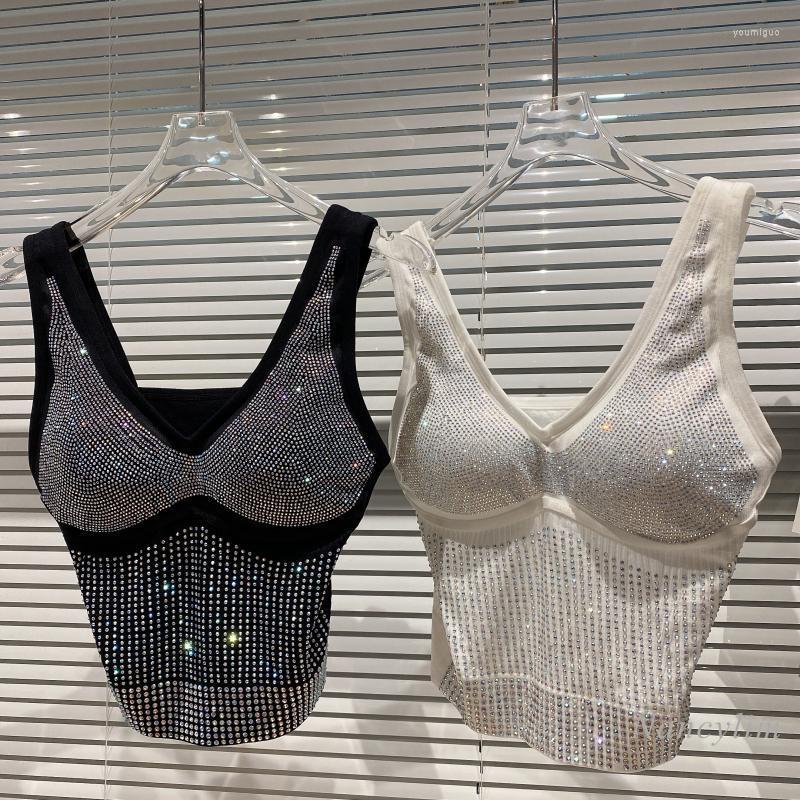 

Women's Tanks Shiny Diamond Tank For Women Rhinestone Disco Nightclub Crop Top Lady Elastic Chest Pad Camisole White Black