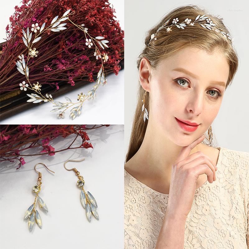 

Necklace Earrings Set Luxury Leaf Flower Opal Crystal Pearl Heabands & Sets For Bridal Headdress Wedding Engagement Party, Picture shown