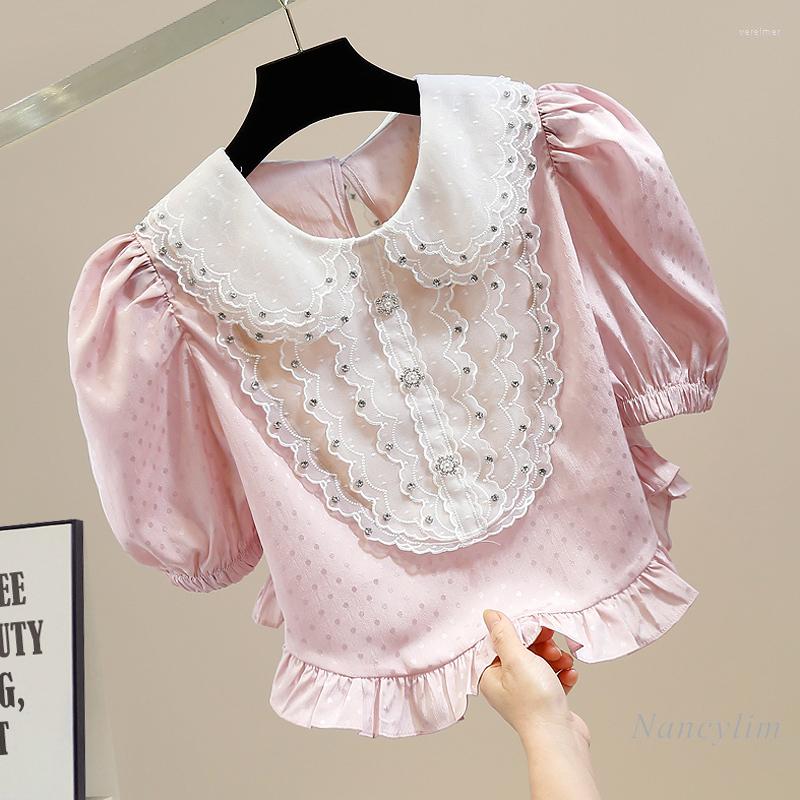 

Women' Blouses Exquisite Rhinestone Cropped Blouse Women 2022 Summer Fashion Color Contrast Stitching Doll Collar Irregular Polka Dot Shirt, White