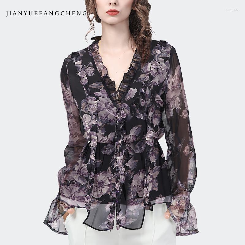 

Women' Blouses 2022 Spring Summer Floral Chiffon Blouse Women Long Sleeve V-Neck Elastic Thin Waist Ruffles Elegant Flowy Casual Shirts