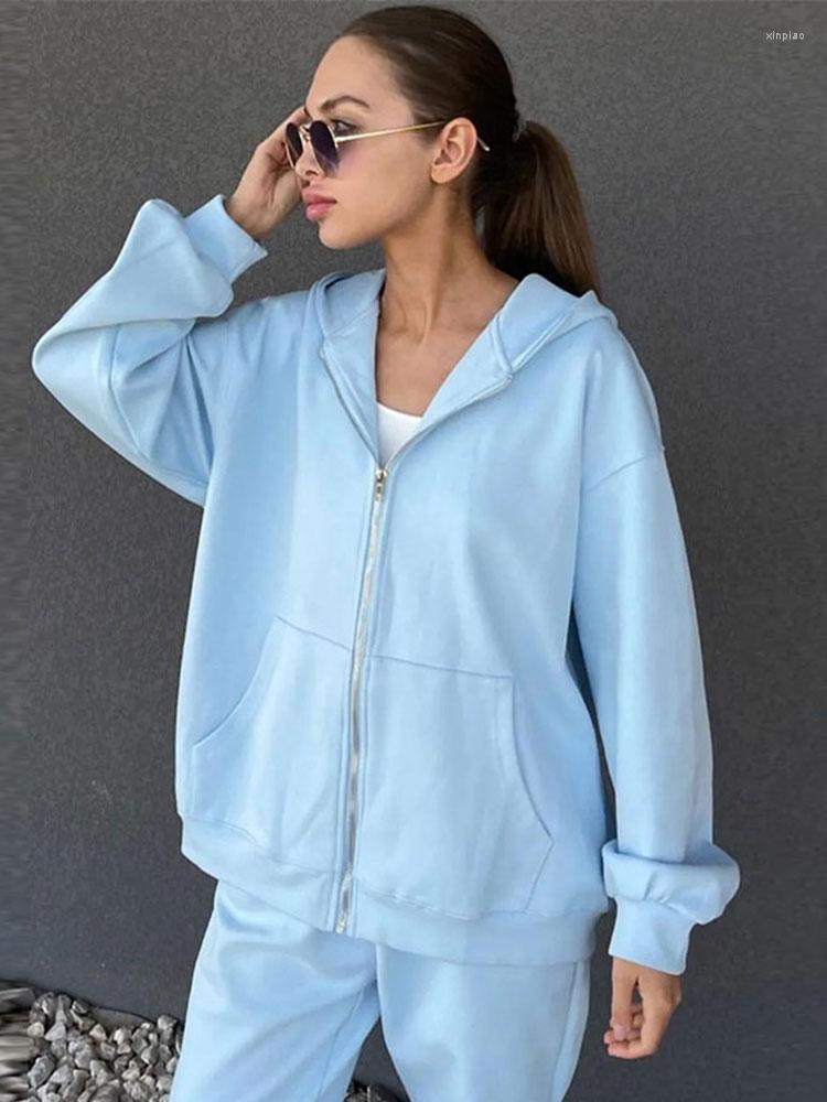 

Women' Two Piece Pants Women Hoodie Zipper Tracksuit Suit Long Sleeve Solid Shirt Cardigan Waist Elastic Ladies Set 2022 Streetwear Jogger, Blue