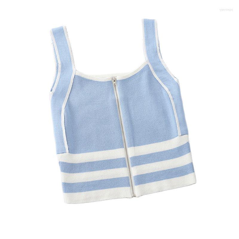 

Women's Tanks ITOOLIN 2022 Summer Crop Tops Women Zipper T-shirt Female Striped Sleeveless Vest Cotton Knitting Solid Color, Khaki
