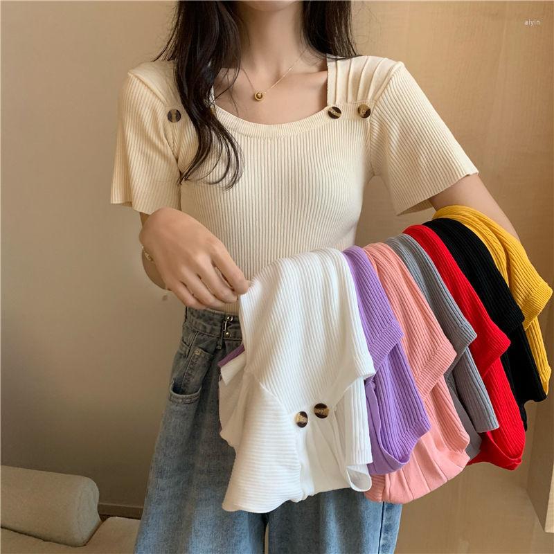 

Women' T Shirts Woman Tshirts Summer 2022 Square Collar Knitted Top Female Crop Mujer Camisetas, Pink
