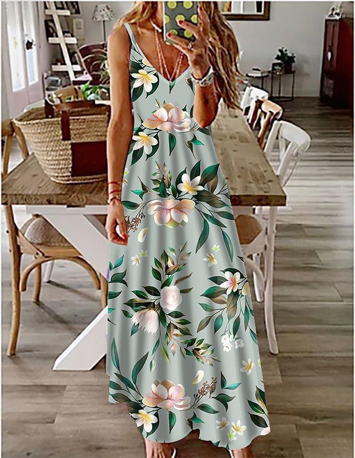 

Casual Dresses Summer Women V-Neck Strap Floral Printing Sexy Beach Long Maxi Dress Sleeveless Vintage Holiday Vestido Clothing Oversized, La11749