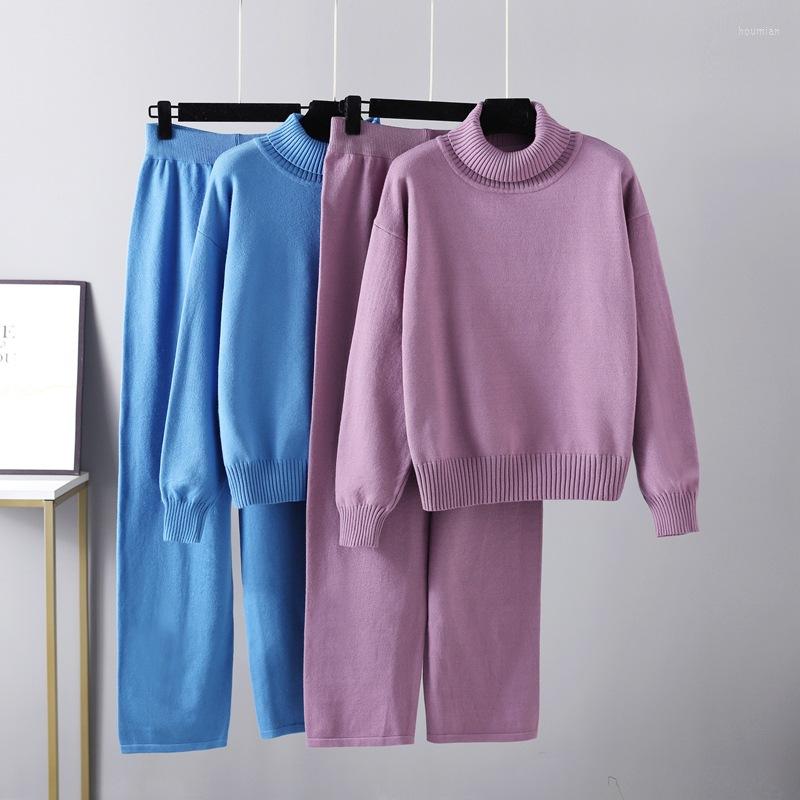 

Women's Two Piece Pants Fashion Women Turtleneck Knit Suit 2022 Autumn Winter Solid Pullover Sweater Top Casual Two-Piece Set Female Outfit, Black
