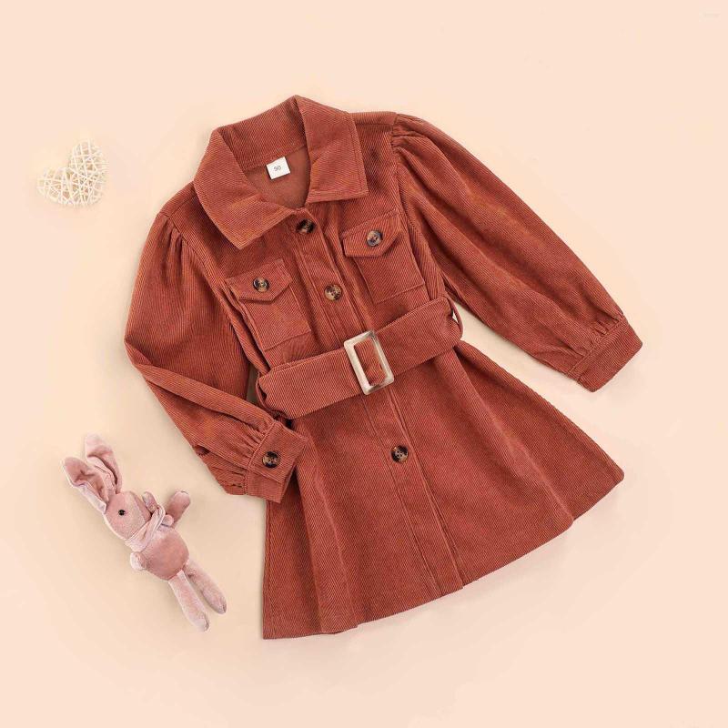 

Girl Dresses Kids Girls Casual Dress With Waistband Fall Spring Brown Solid Color Puff Sleeve Corduroy Collared Dresses1-6 Years, Picture shown