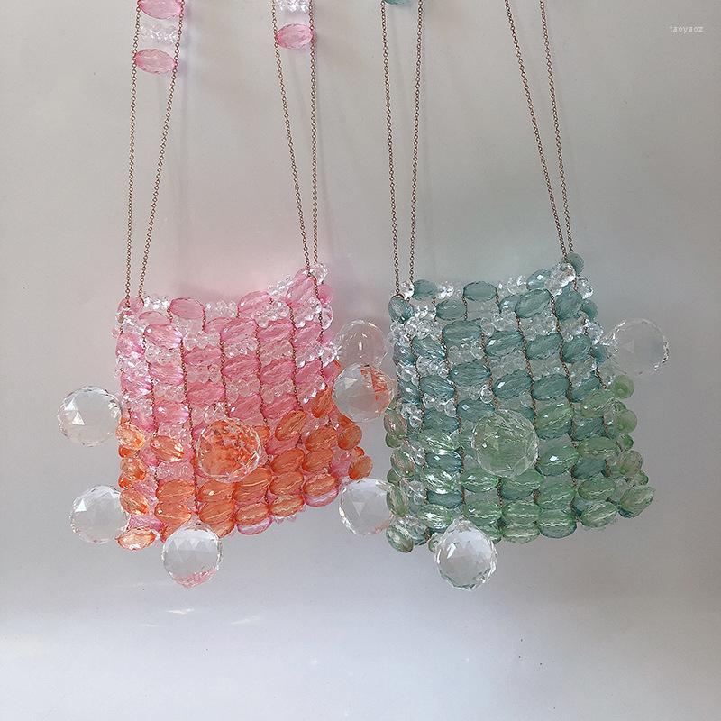 

Evening Bags Handmade Acrylic Crystal Open Bucket Bag For Women PInk Green Mini Beading Shoulder Travel Beach Chain Phone Messenger