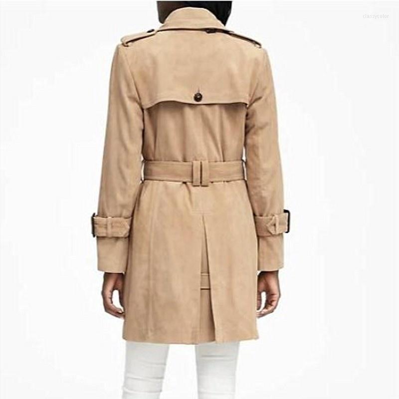 

Women's Leather Genuine Italian Jackets Women Belted Slim Fit Suede Long Coat Runway Military Double Breasted Windbreaker Trench, Camel color