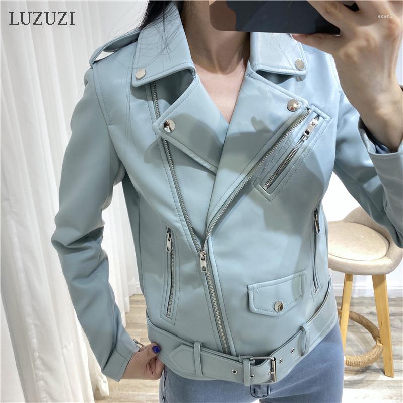 

Women's Leather LUZUZI Spring Autumn Women Faux Jacket Office Ladies Solid With Belt Zipper Biker Coats Female Casual Outwear, Black