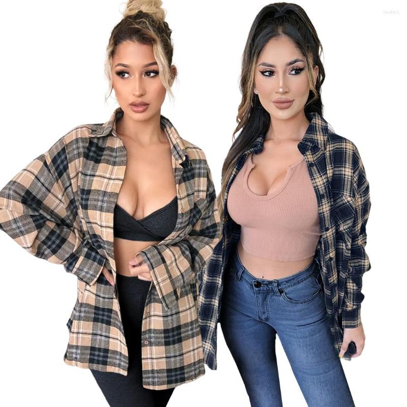 

Women' Blouses 2022 Autumn Women Plaid Shirt Casual Fashion Cotton Long Sleeve Streetwear Party Club Outfits Wholesale, Khaki