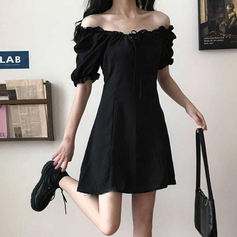 

Casual Dresses Women Skirt 2022 Summer Off-Shoulder Puff Sleeve Vestido De Mujer Femme Robe, Black
