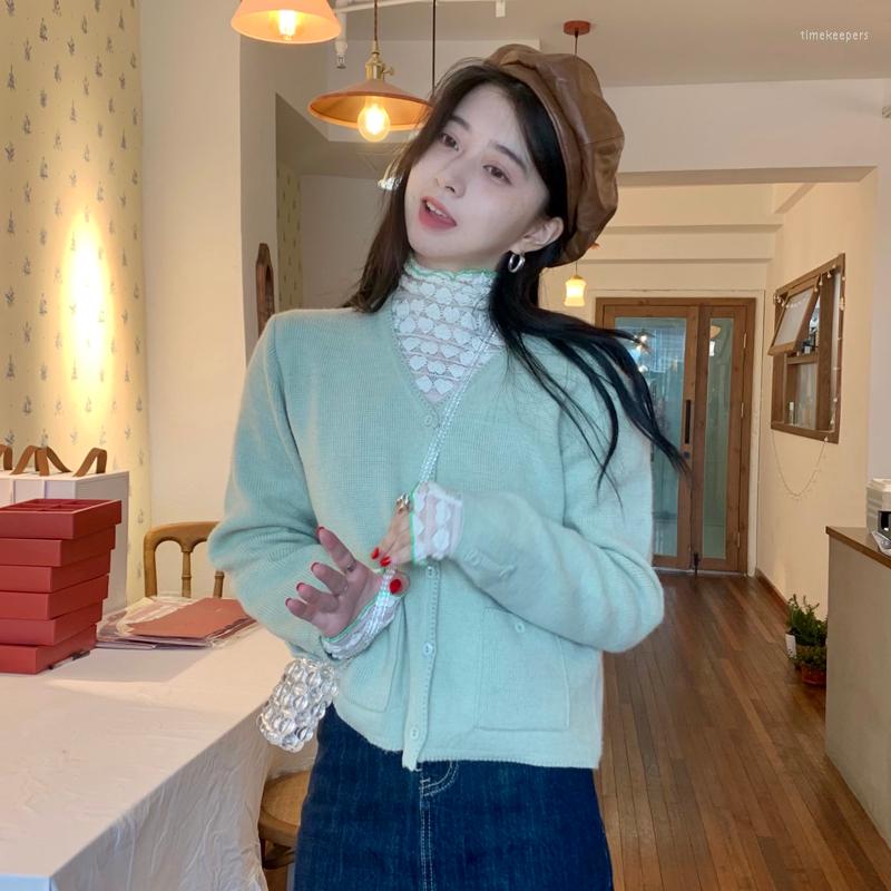 

Women's Knits Autumn 2022 Winter Style Harajuku Korean Fashion Sweaters Personality Vintage Sweet Pocket Button Knitted Cardigan Women, Green