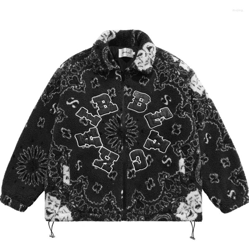 

Men's Down Men Cashew Flower Winter Jacket American Vintage Lamb Velvet Thickening Couple Cotton Clothing Figure Print Loose Zipper Parkas, Black